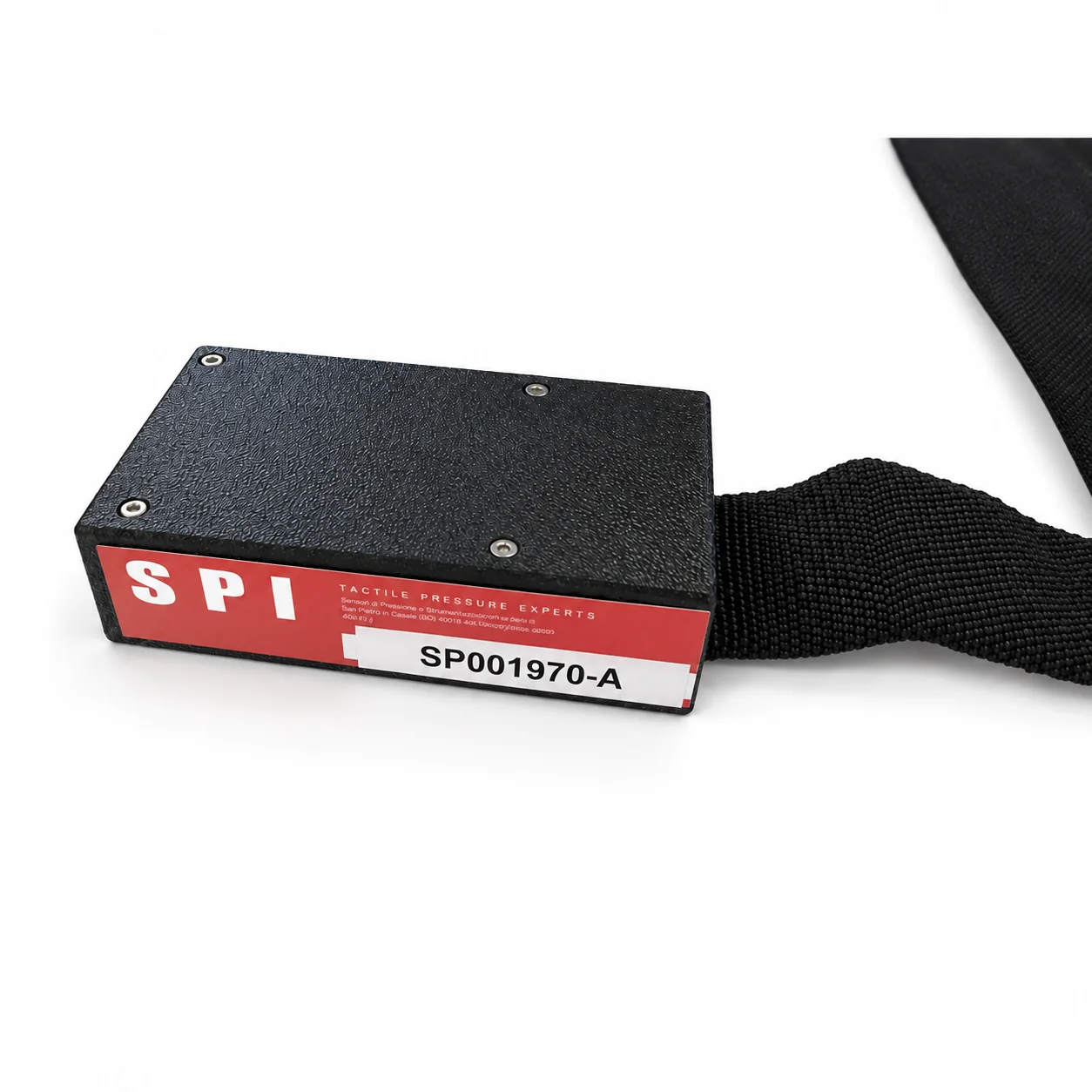 Close-up of the Tactilus SPI module with silver screws and red "SPI Tactile Pressure Experts" label