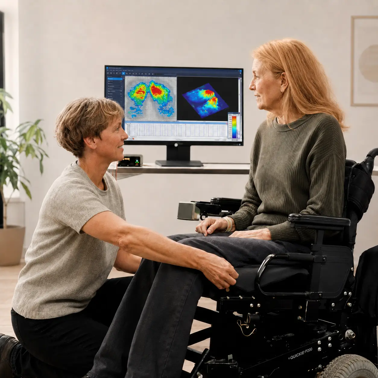 Clinician using Tactilus pressure mapping software during a wheelchair seating assessment